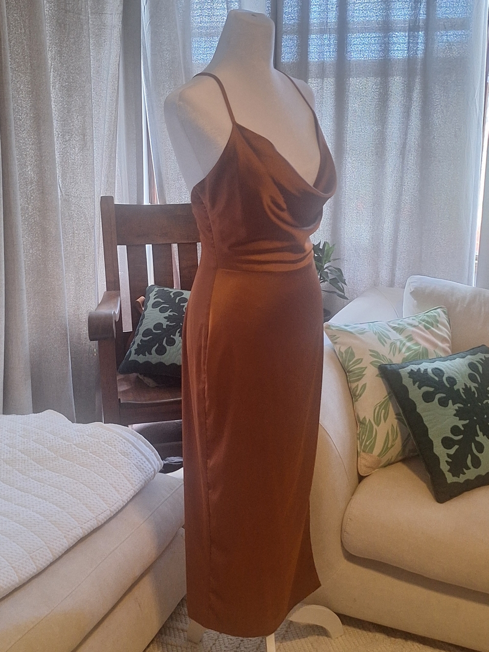 Satin Cowl Midi Slip Dress in Burnt Copper